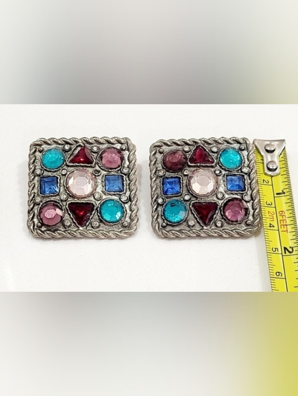 Vintage Colorful Rhinestone Statement Clip-On Earrings Square Multicolor